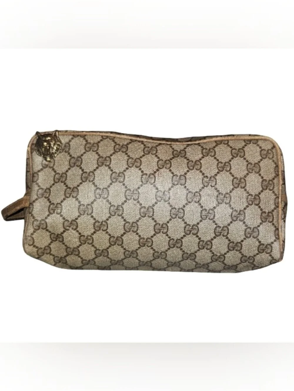 GUCCI GG SUPREME  WOLF Beige Canvas Toiletry travel Bag Wristlet  AUTHENTIC